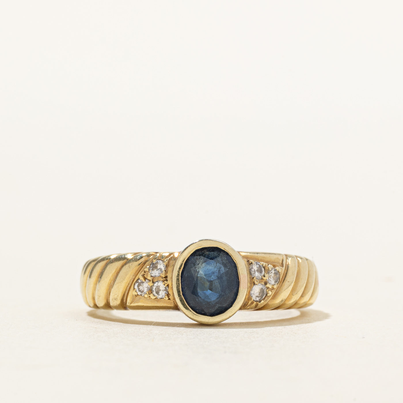 14k Bezel Set Sapphire & Diamond Accented Grooved Ring | 0.79ct, 0.11ctw | SZ 6.75