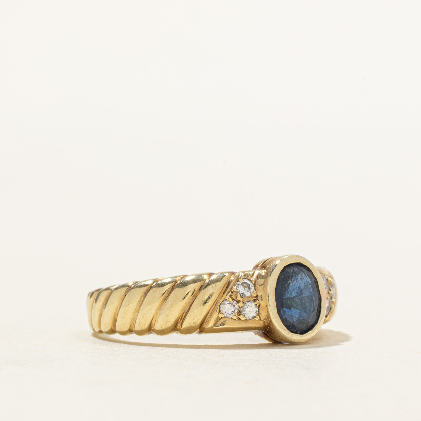 14k Bezel Set Sapphire & Diamond Accented Grooved Ring | 0.79ct, 0.11ctw | SZ 6.75