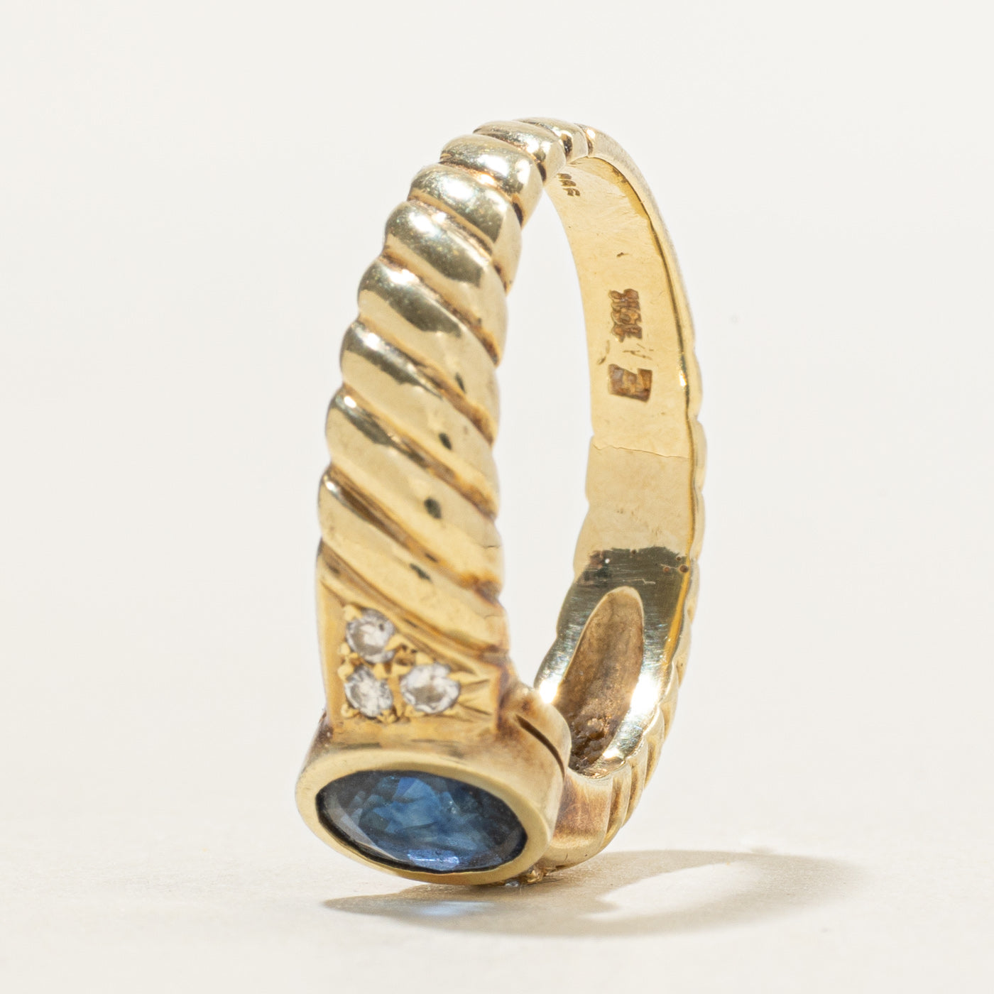 14k Bezel Set Sapphire & Diamond Accented Grooved Ring | 0.79ct, 0.11ctw | SZ 6.75