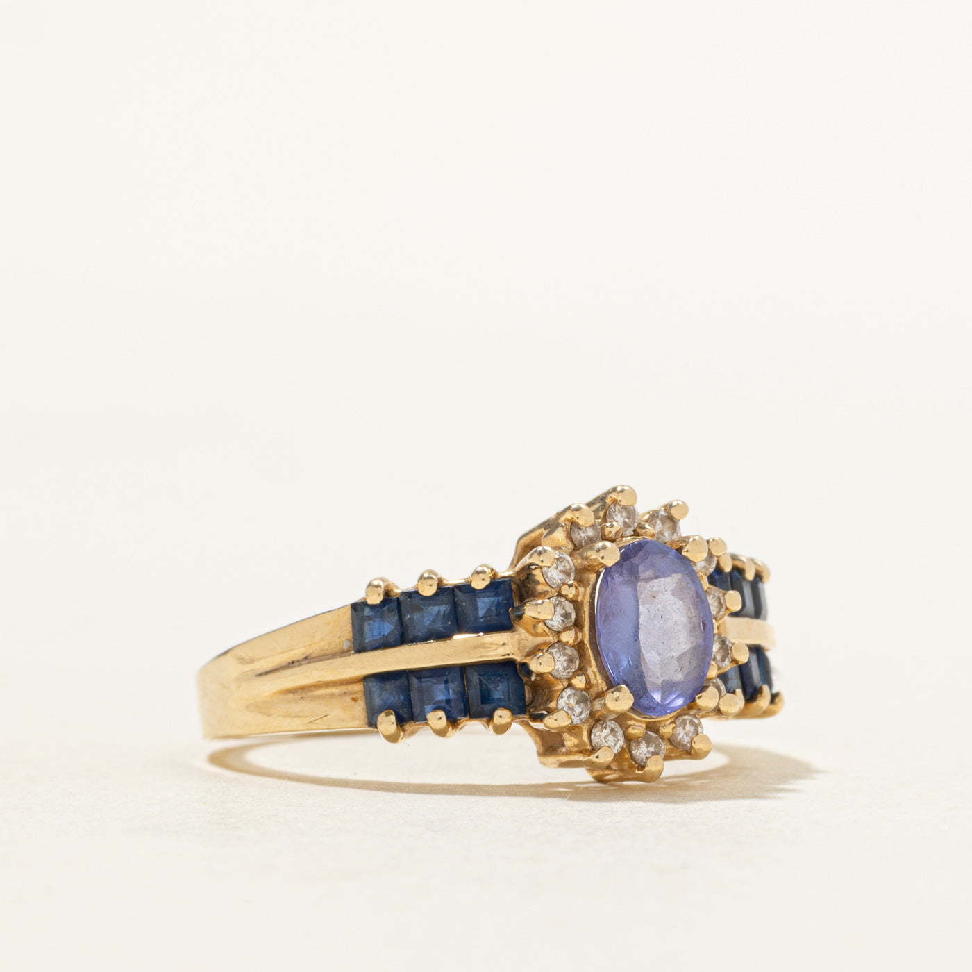 14k Tanzanite, Diamond Halo & Sapphire Accented Ring | 0.90ctw, 0.14ctw | SZ 8.75
