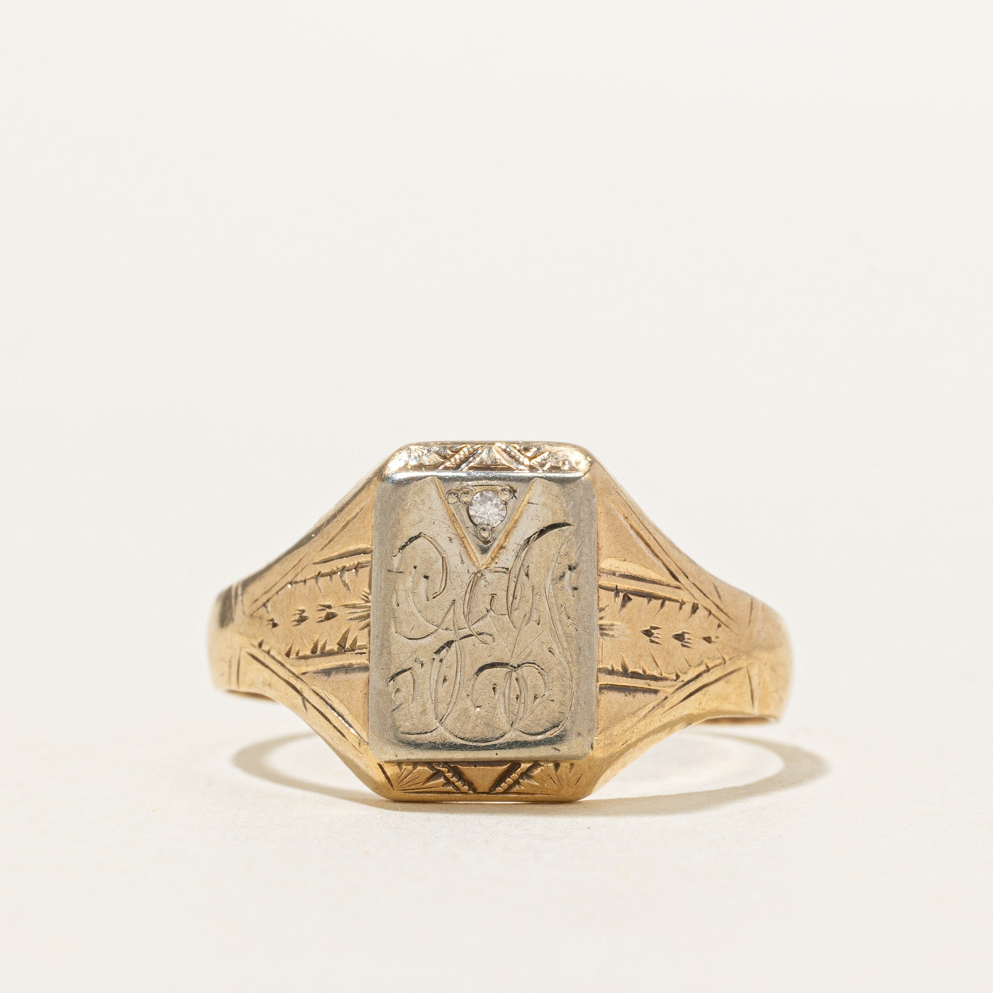 10K Diamond "GEJ" Initial Engraved Signet Ring | SZ 9.0