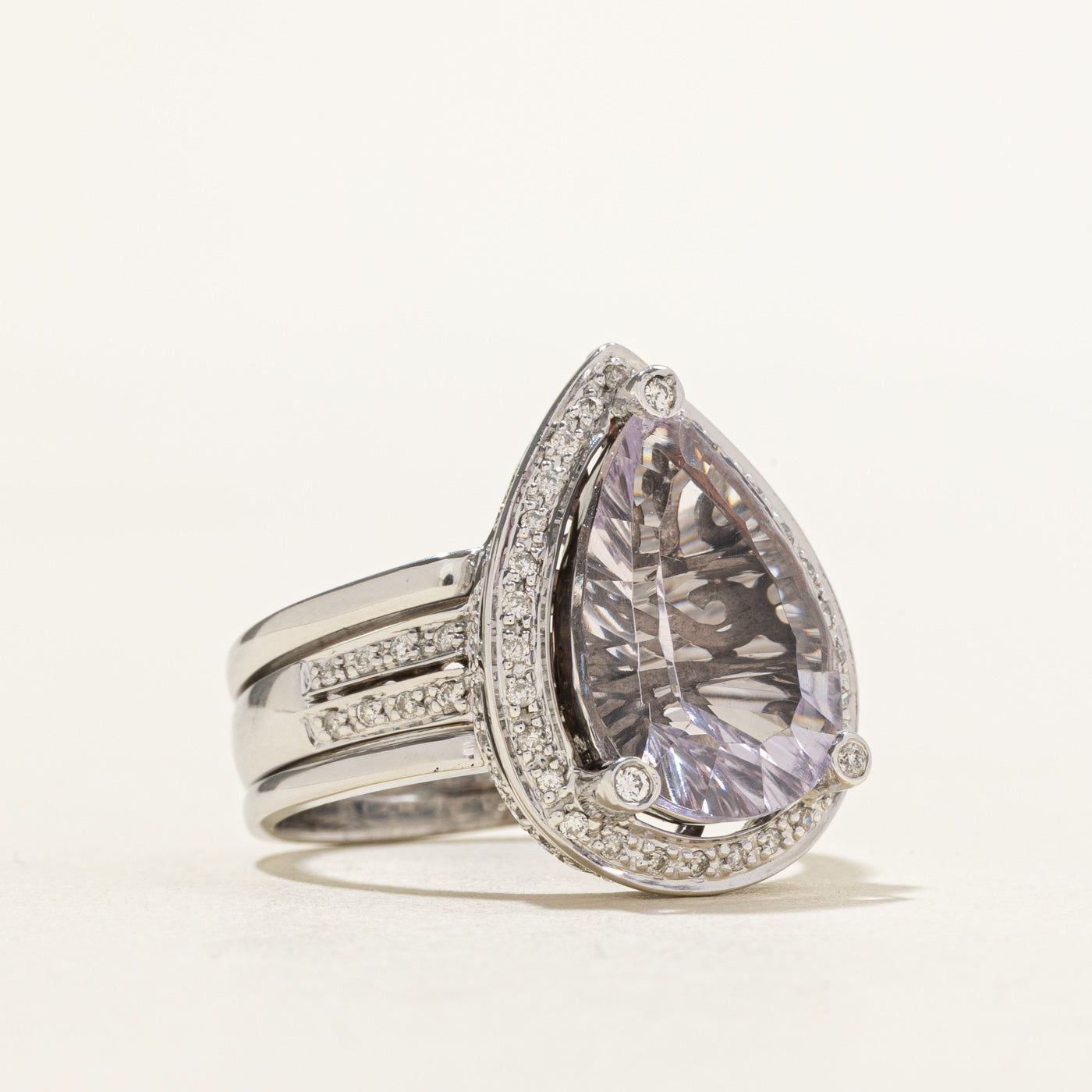 14k Pear Cut Amethyst & Diamond Halo Cocktail Ring | 4.62ct, 0.46ctw | SZ 7.25