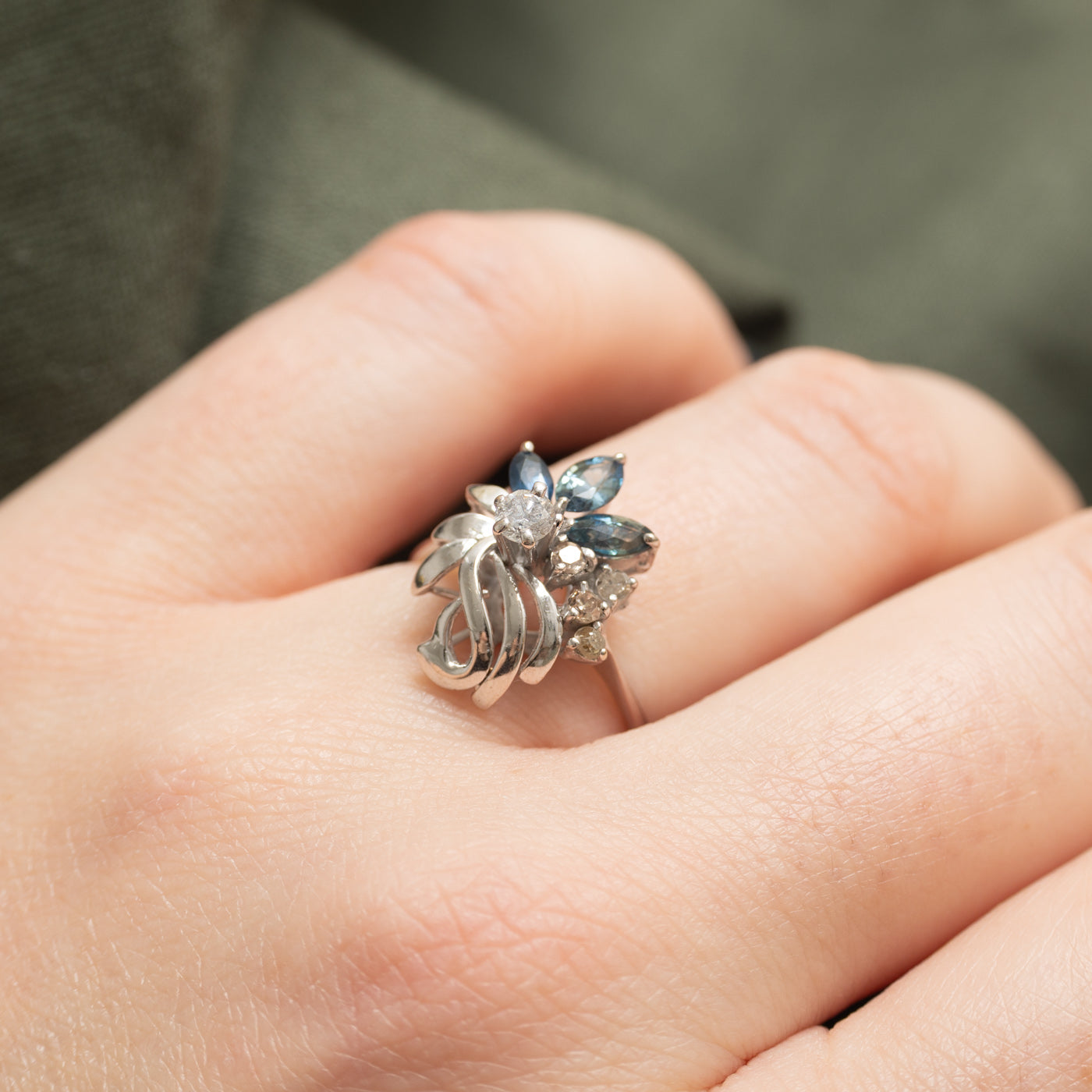18K Marquise Cut Sapphire & Diamond Floral Abstract Cocktail Ring | 0.45ctw, 0.20ctw | SZ 5.25