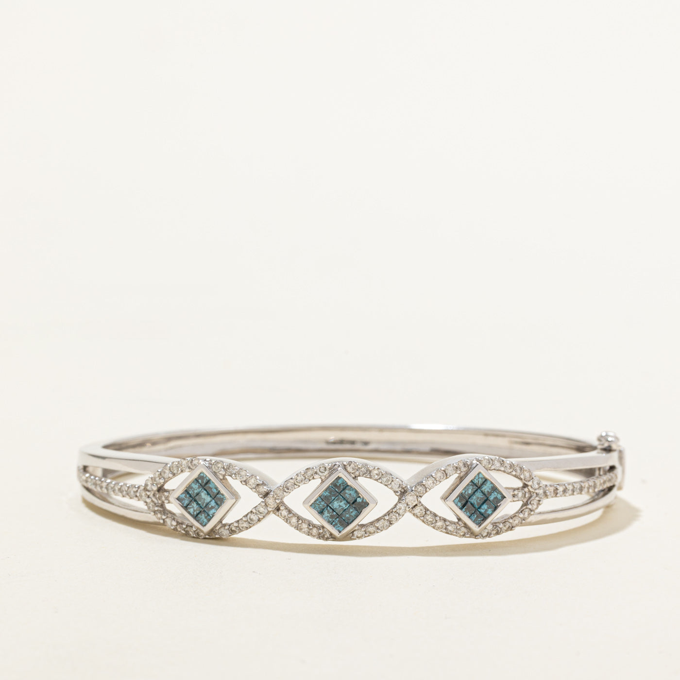 14k Gray Blue & White Diamond Geometric Bangle Bracelet | 1.48ctw