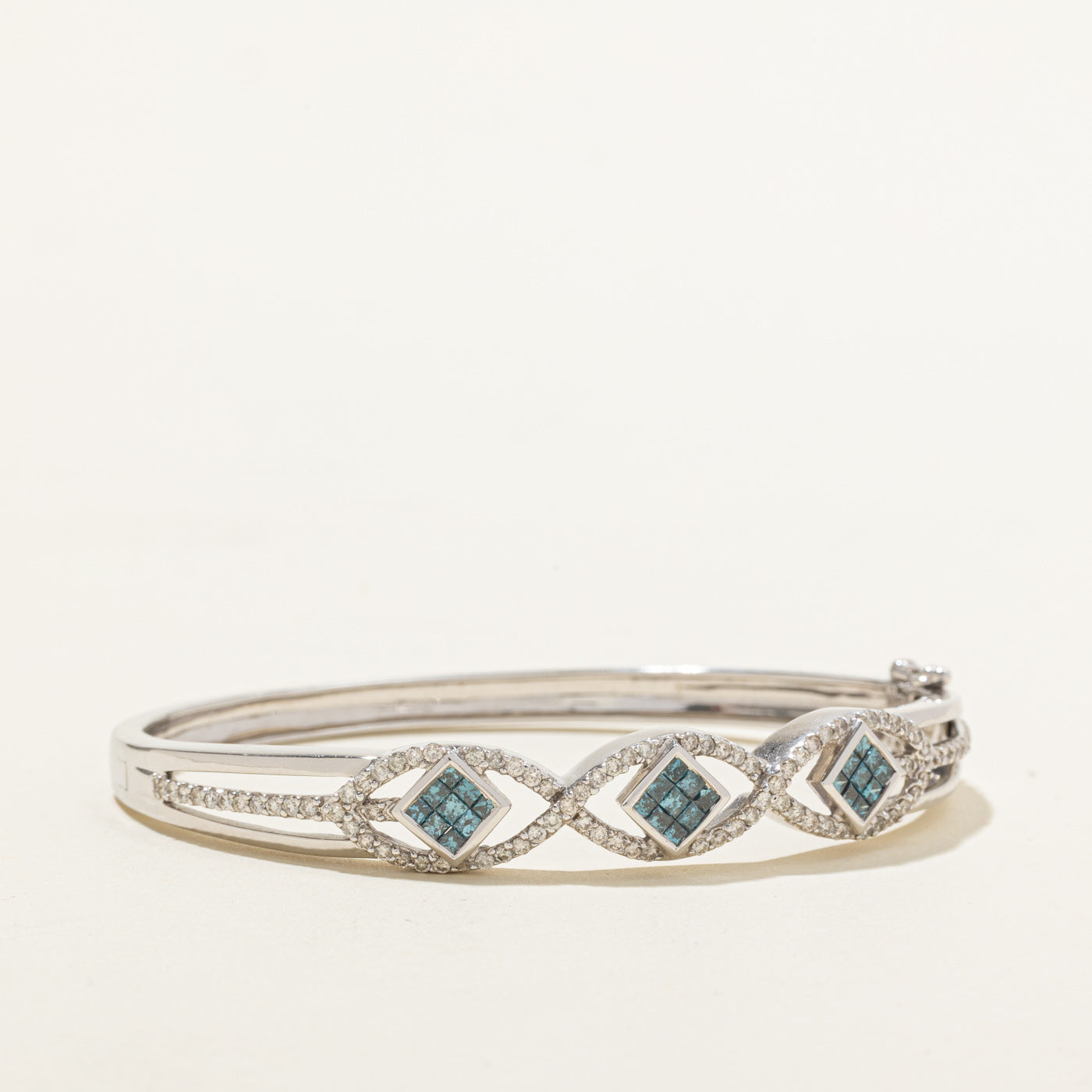 14k Gray Blue & White Diamond Geometric Bangle Bracelet | 1.48ctw