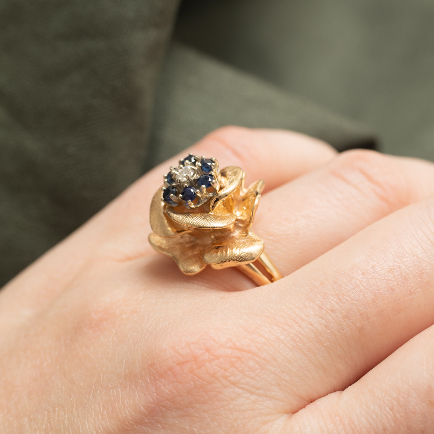 14K Diamond & Sapphire Flower Cocktail Ring | 0.08ct, 0.30ctw | SZ 7.25