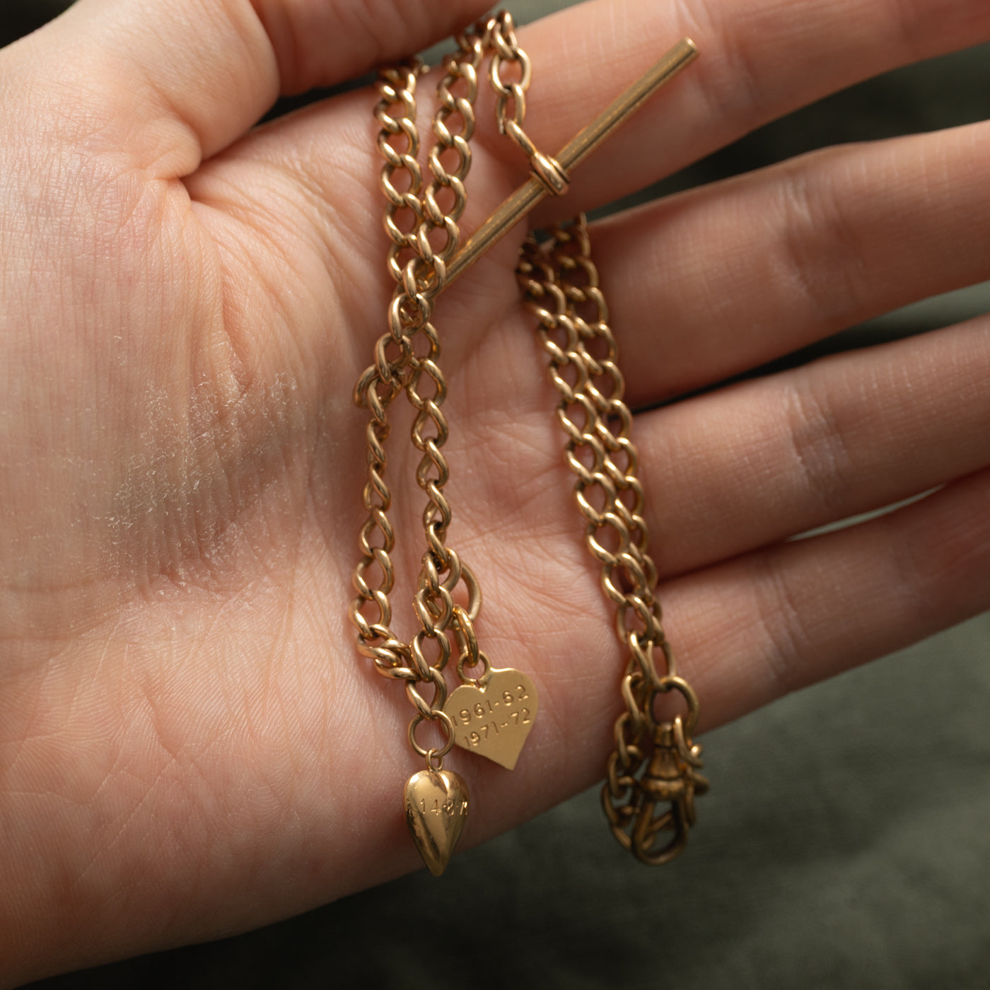 14k Yellow Gold Heart Charm Toggle Watch Chain | 8"