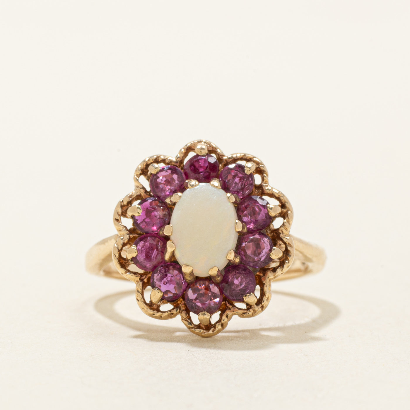 10k Opal & Ruby Floral Halo Ring | 0.82ctw, 0.61ct | SZ 5.75