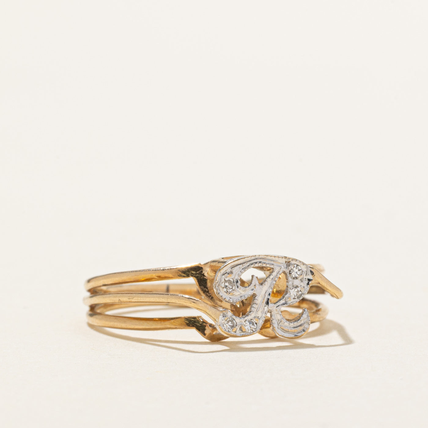 14K Two Tone Gold Diamond "R" Ring | SZ 8.25