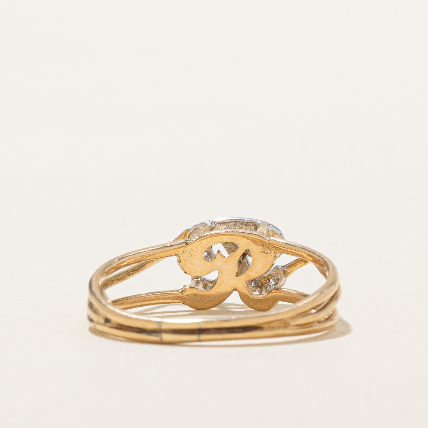 14K Two Tone Gold Diamond "R" Ring | SZ 8.25