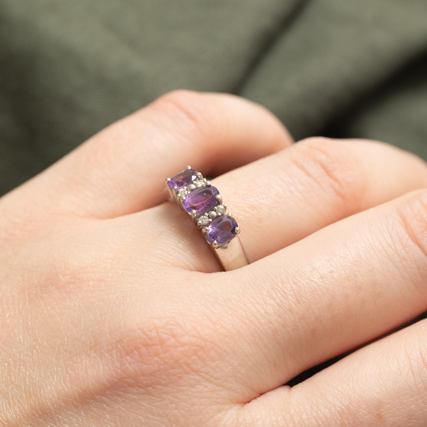14K Three Stone Oval Cut Amethyst & Diamond Ring | 1.00ctw, 0.04ctw | SZ 7.0