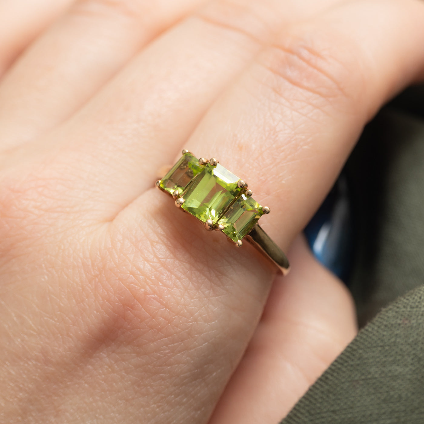 10K Three Stone Emerald Cut Peridot Ring | 2.70ctw | SZ 9.75