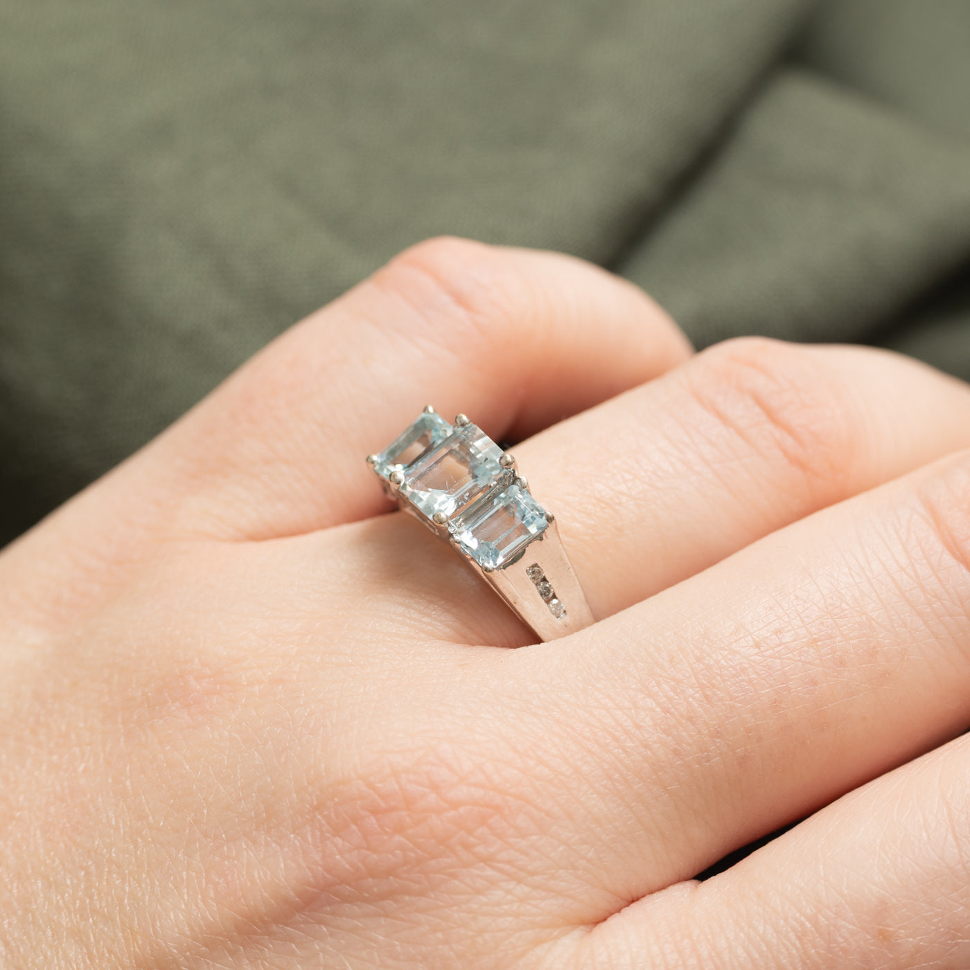 10K Three Stone Emerald Cut Aquamarine & Diamond Ring | 2.20ctw, 0.06ctw | SZ 6.75