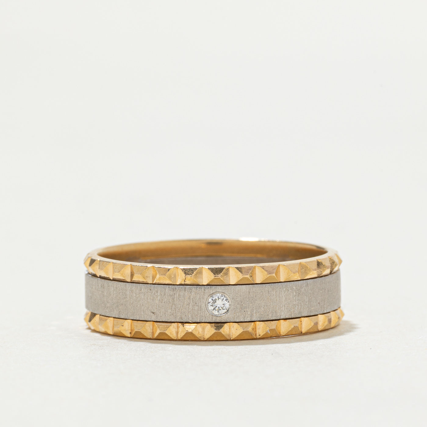 18k Two Tone Gold Diamond Textured Edge Band | 0.02ctw | SZ 9.5