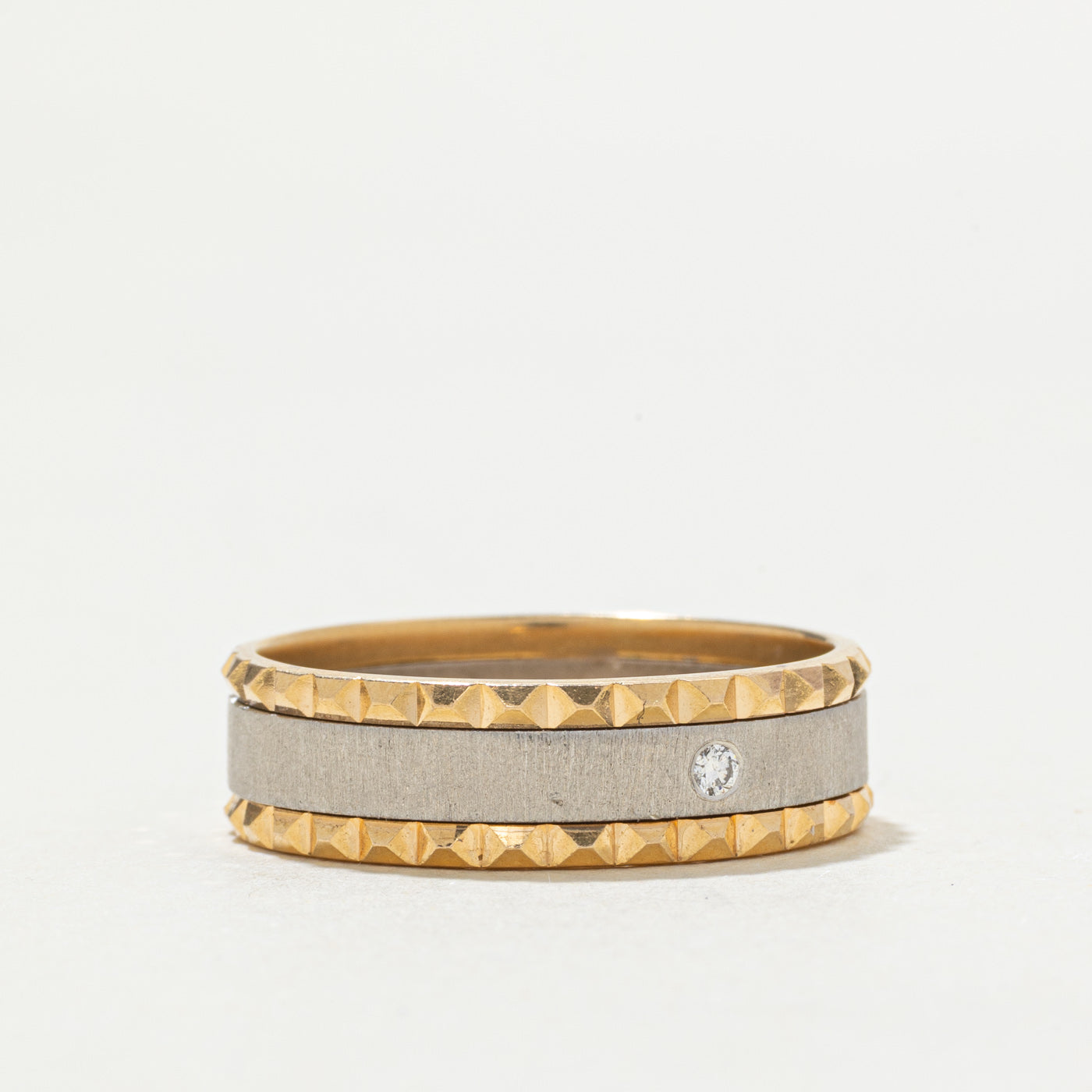 18k Two Tone Gold Diamond Textured Edge Band | 0.02ctw | SZ 9.5