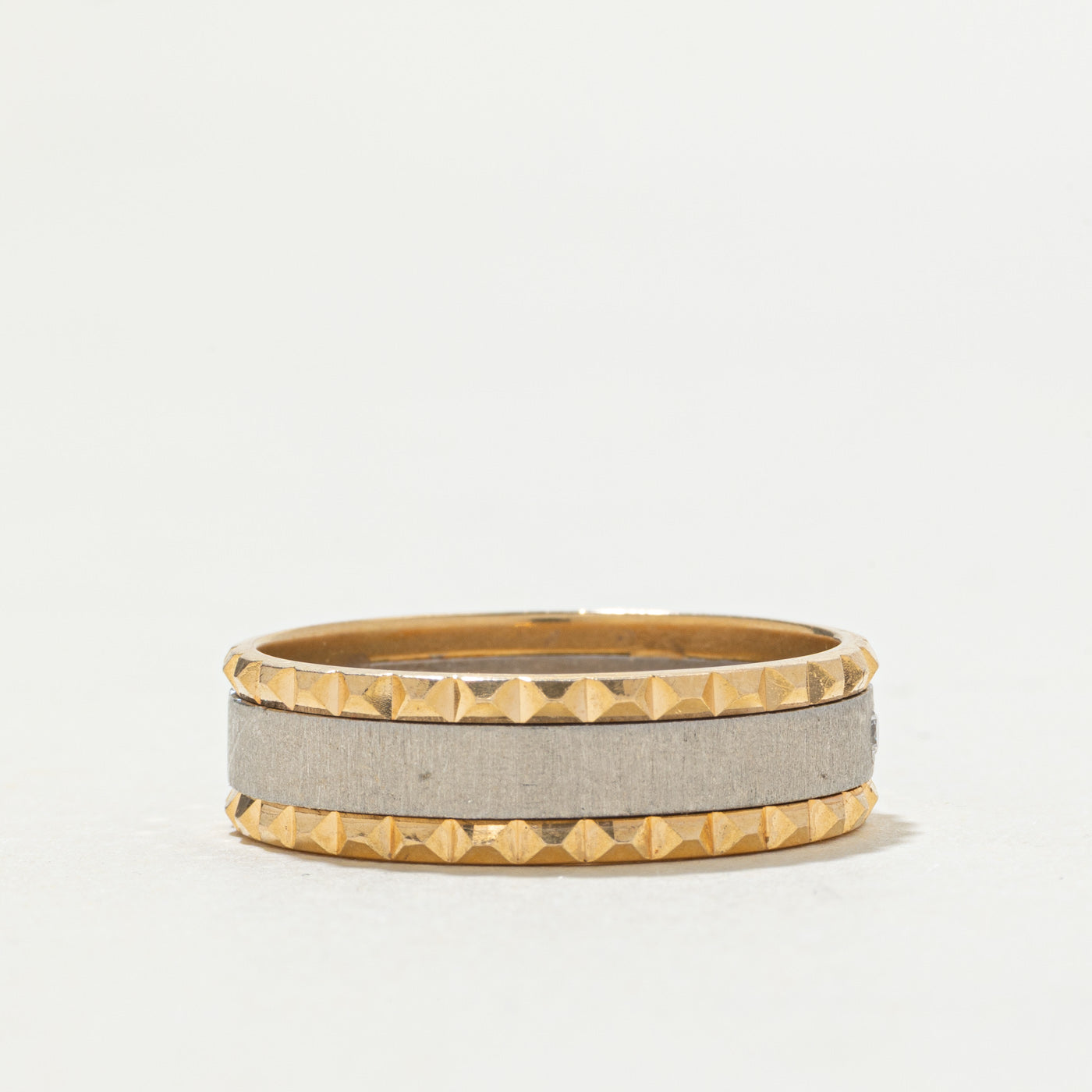 18k Two Tone Gold Diamond Textured Edge Band | 0.02ctw | SZ 9.5