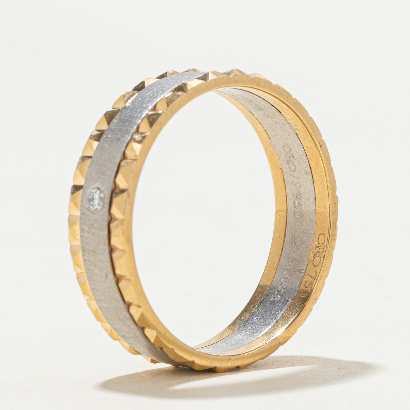 18k Two Tone Gold Diamond Textured Edge Band | 0.02ctw | SZ 9.5