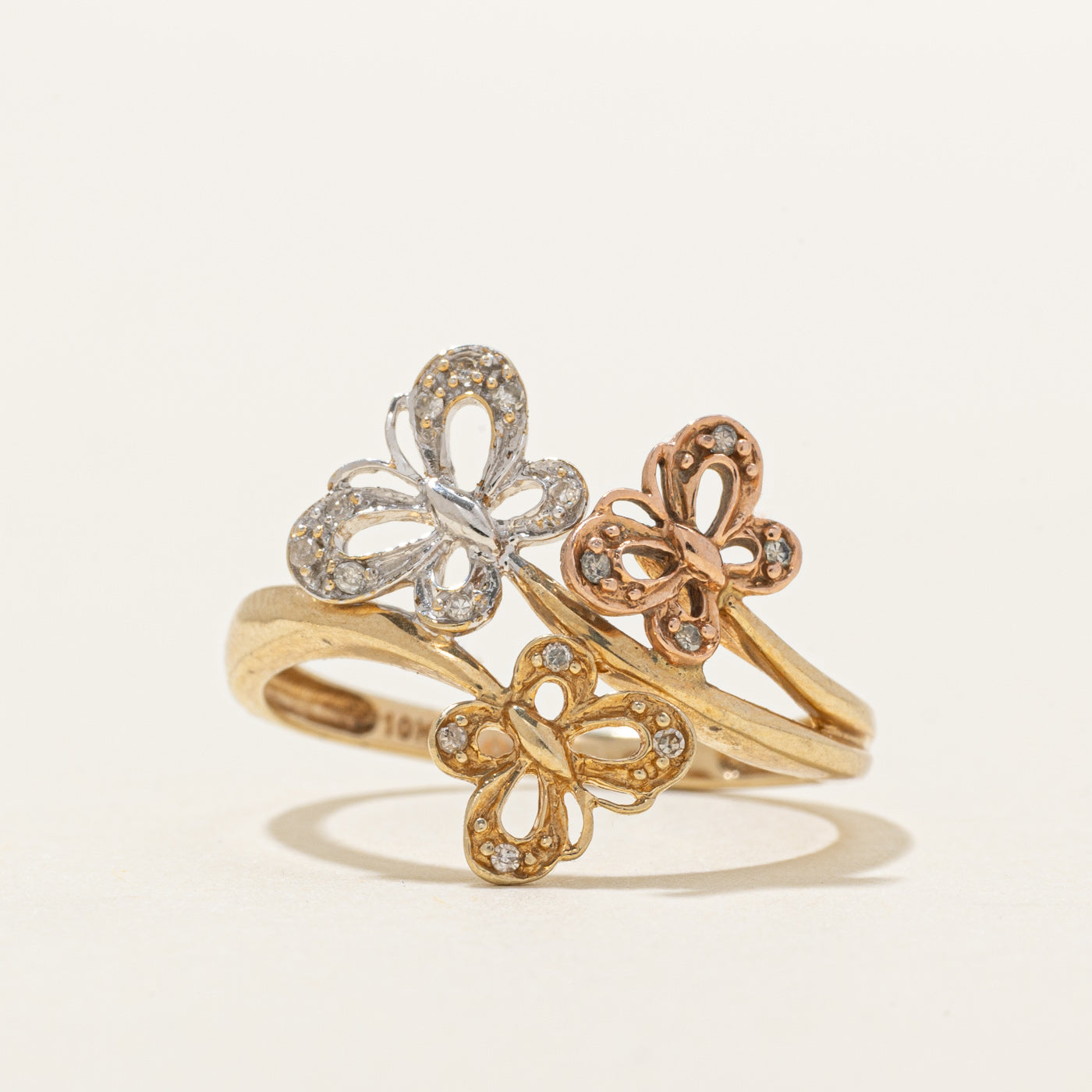 10K Tri Tone Gold Diamond Butterfly Ring | SZ 7.0