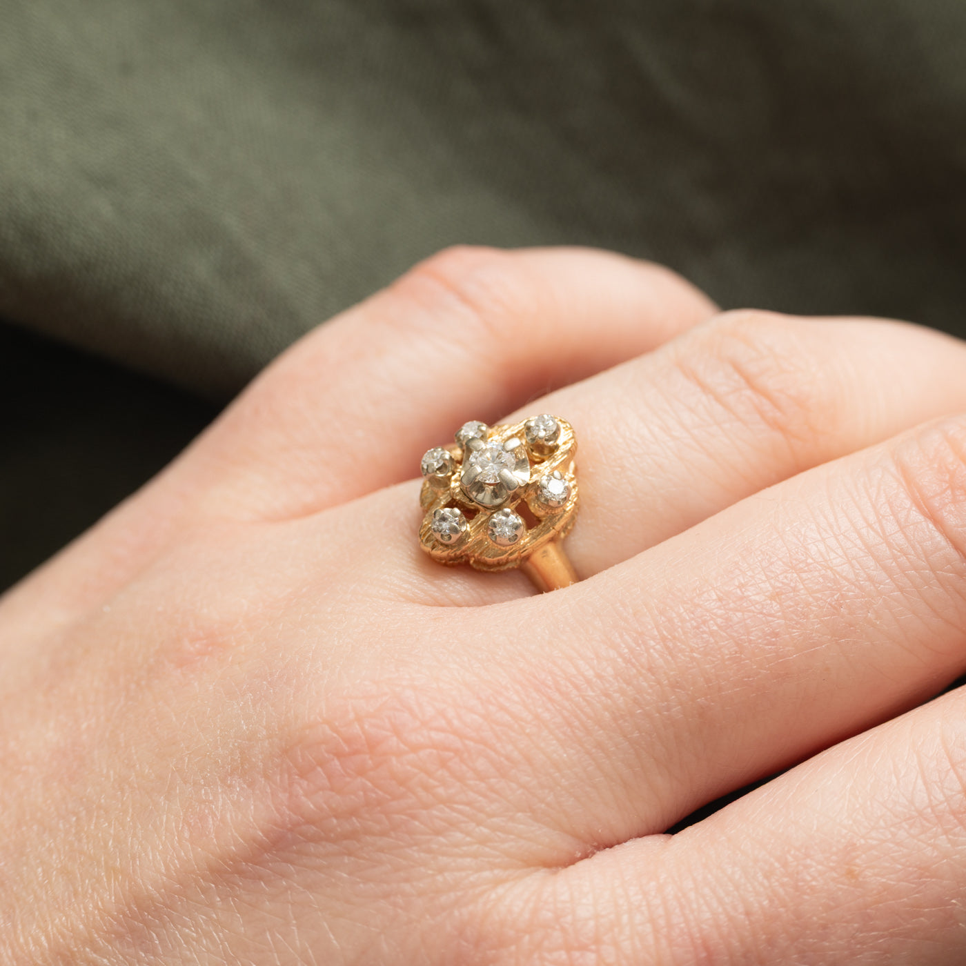 Antique Yellow & White Old-cut Diamond Navette Ring | 0.94ctw | SZ 6