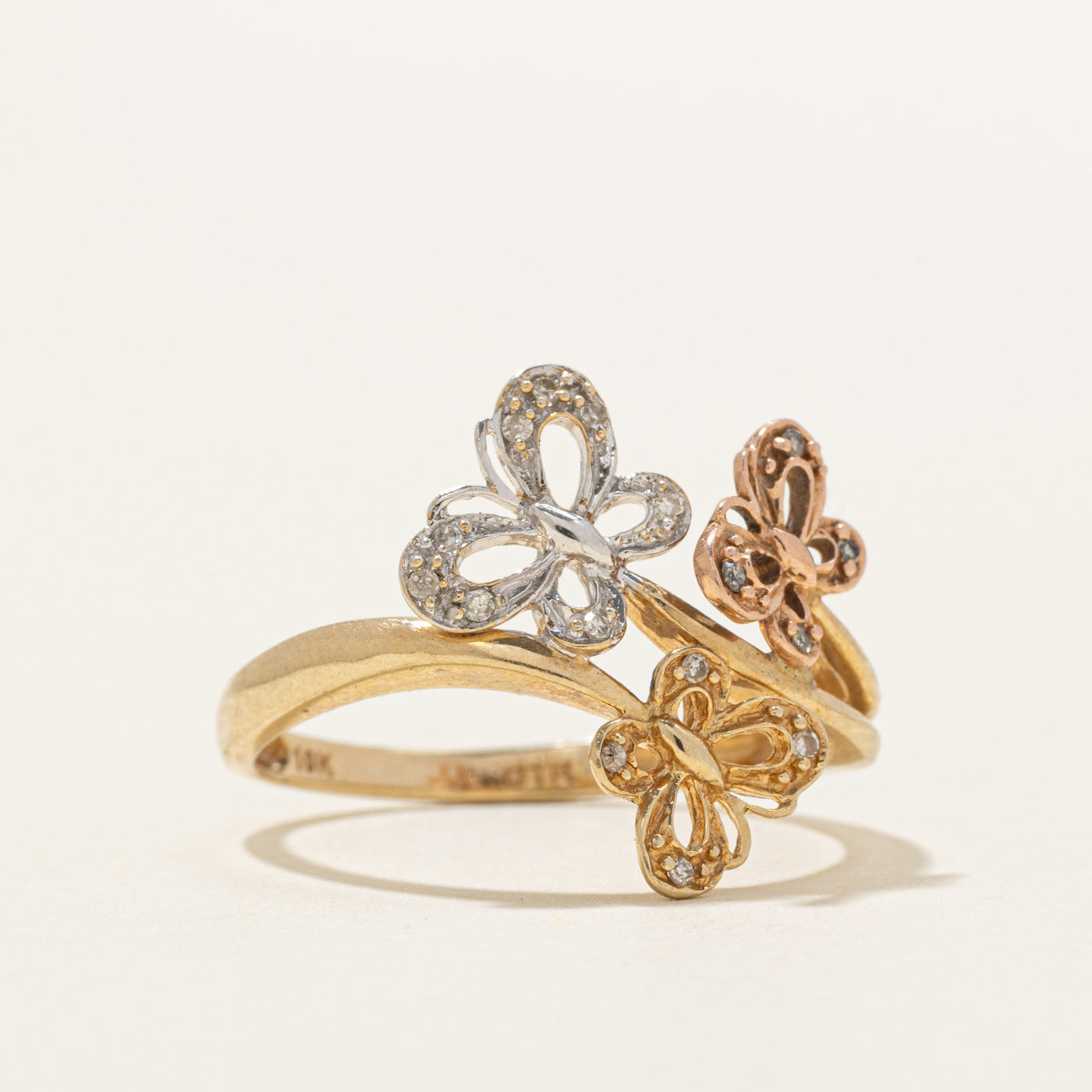 10K Tri Tone Gold Diamond Butterfly Ring | SZ 7.0