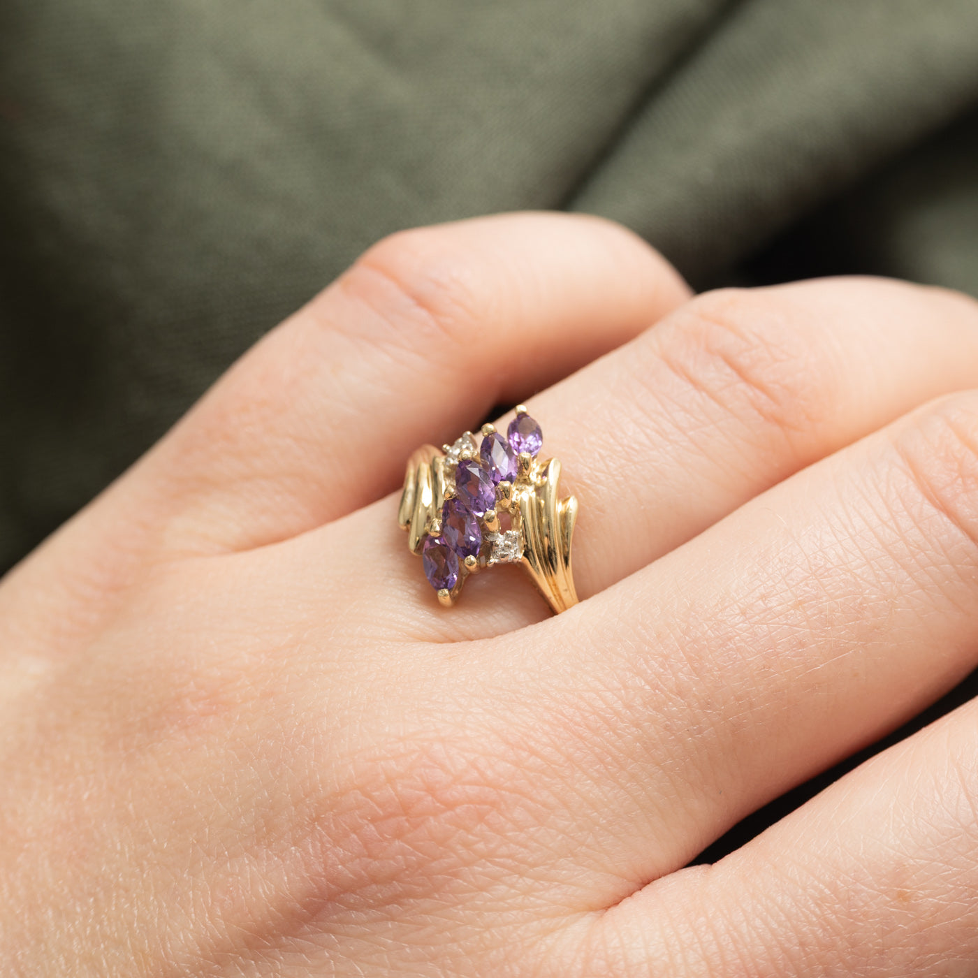 10K Marquise Cut Amethyst & Diamond Grooved Bypass Ring | 0.50ctw, 0.01ctw | SZ 5.75