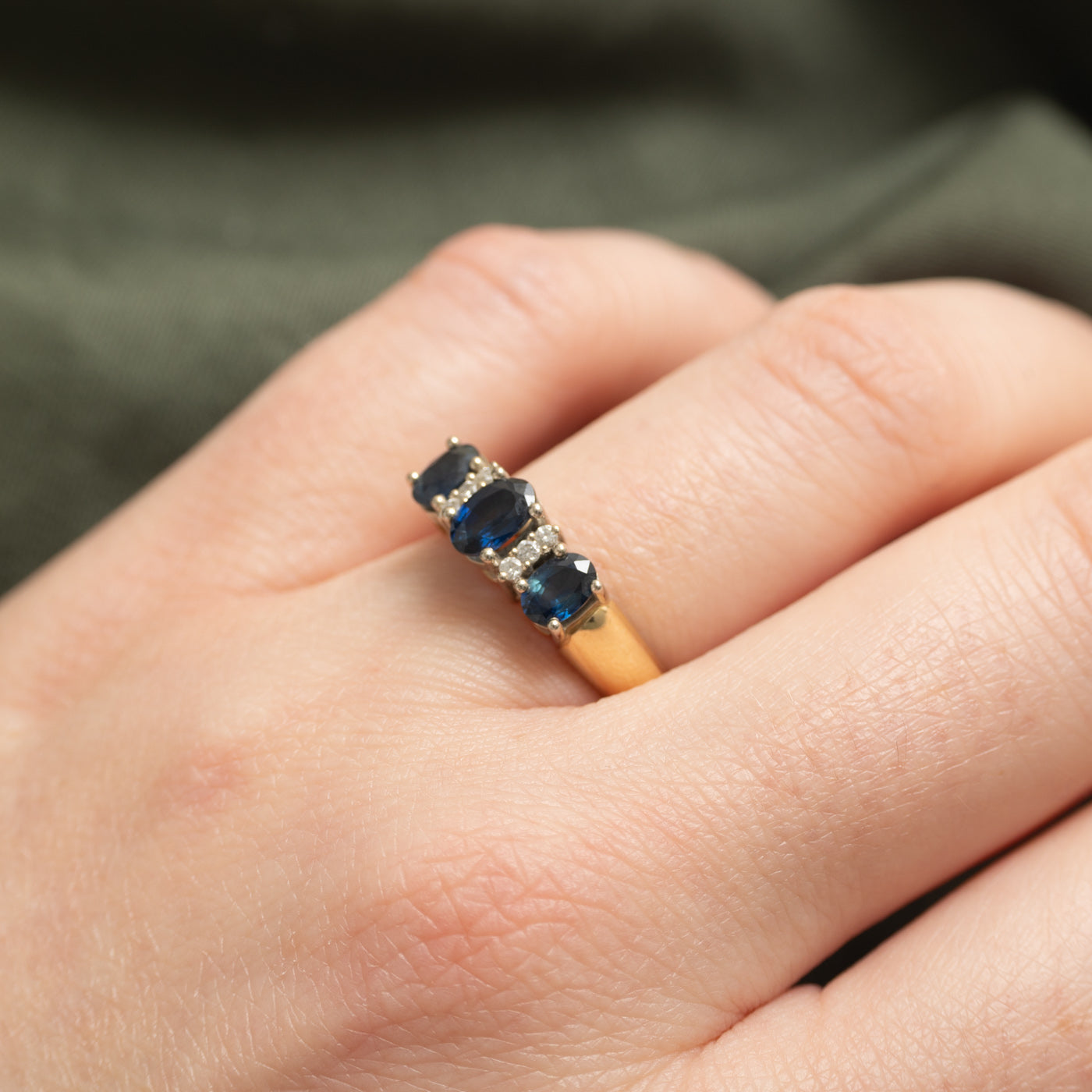 ‘Birks’ 14k Three Stone Sapphire & Diamond Ring | 1.47ctw, 0.07ctw | SZ 6.75