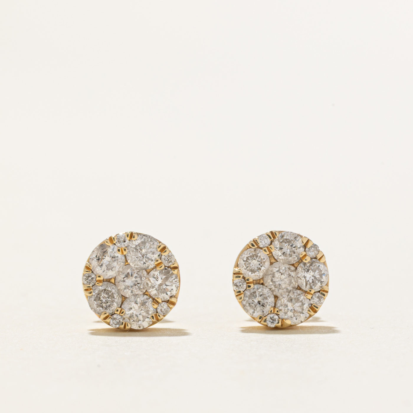 10k Yellow Gold Diamond Circle Cluster Stud Earrings | 1.00ctw