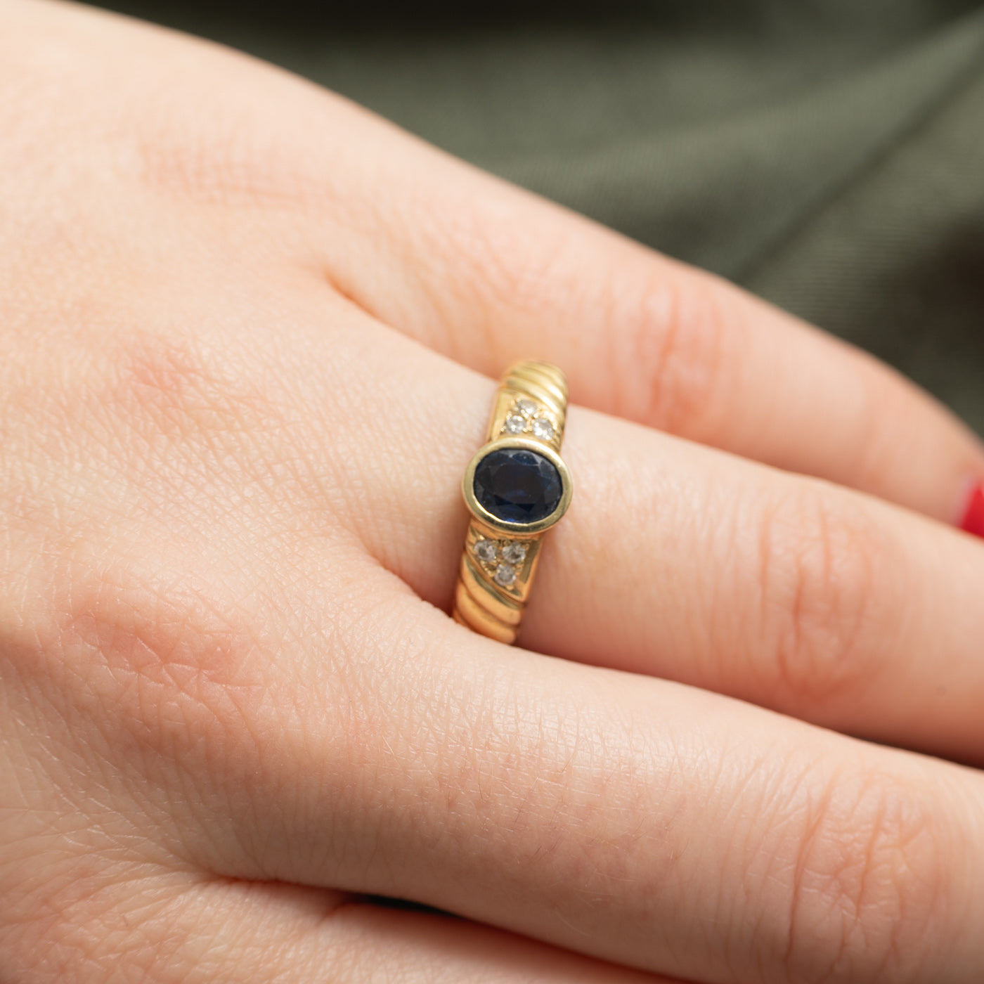 14k Bezel Set Sapphire & Diamond Accented Grooved Ring | 0.79ct, 0.11ctw | SZ 6.75