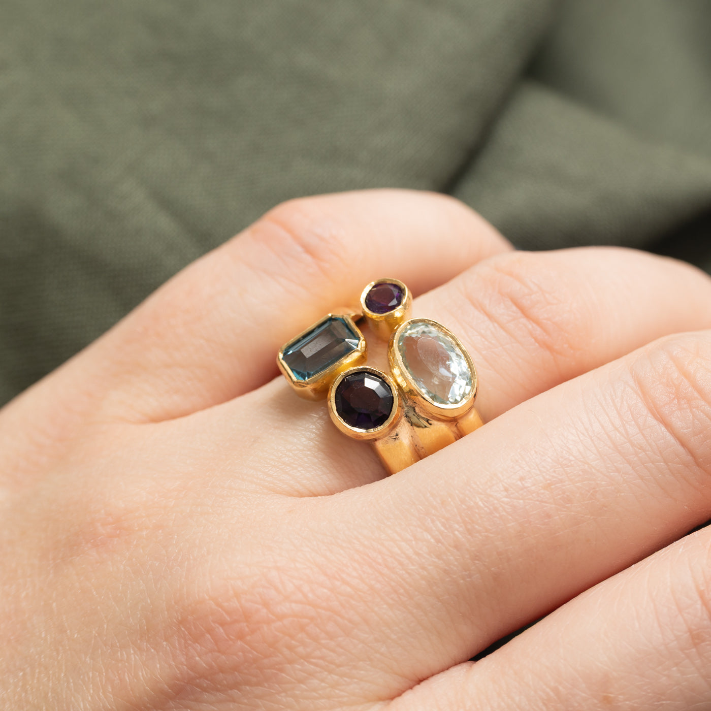 18K Bezel Set Multi Gemstone Grooved Ring | 4.35ctw | SZ 9.0