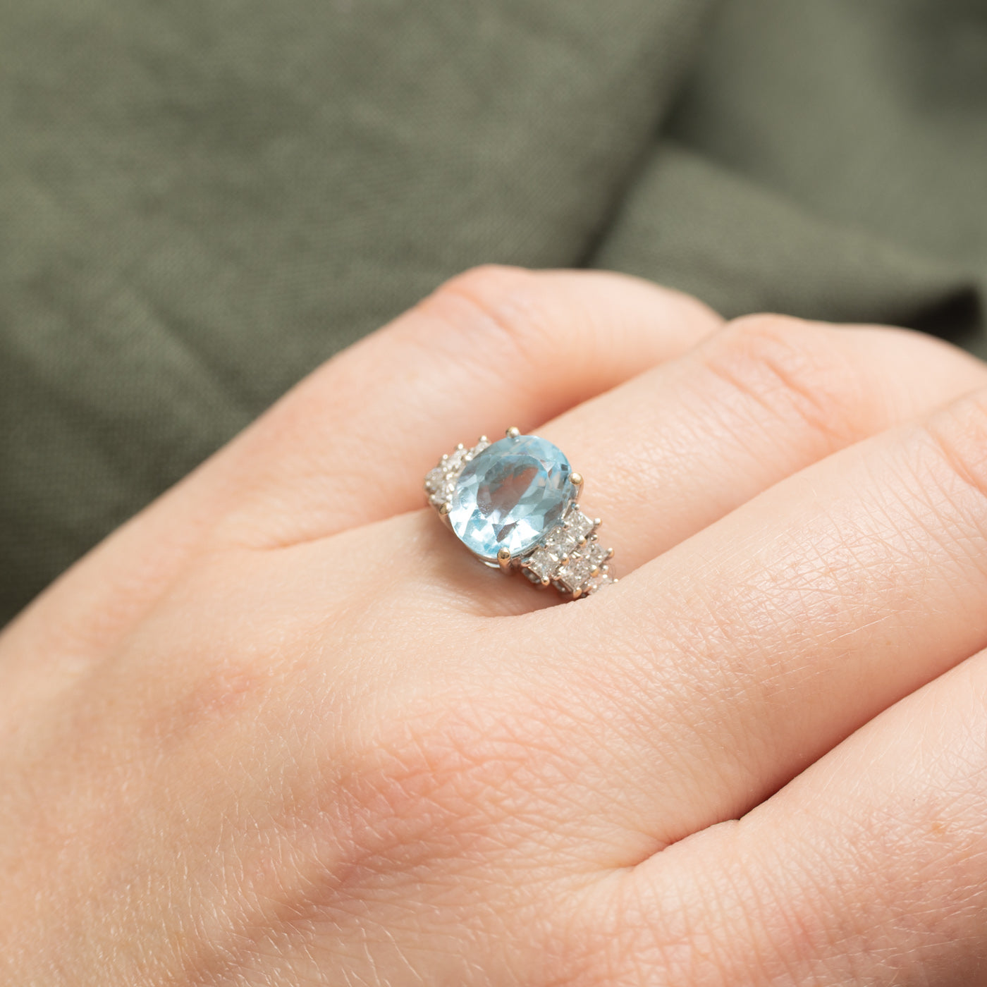 10K Oval Cut Blue Topaz & Diamond Accented Ring | 3.00ct, 0.10ctw | SZ 5.75