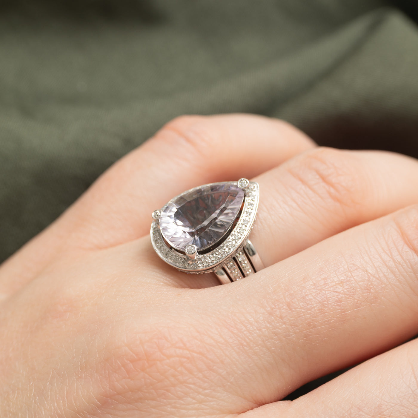 14k Pear Cut Amethyst & Diamond Halo Cocktail Ring | 4.62ct, 0.46ctw | SZ 7.25