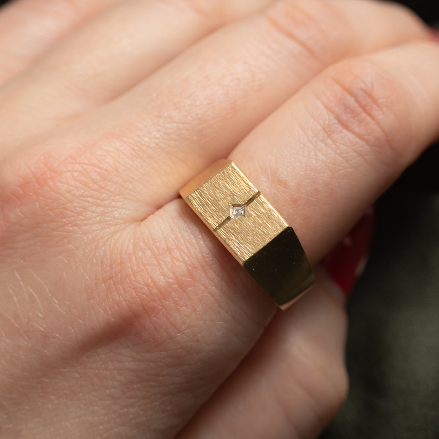 10k Asscher Cut Diamond Textured Signet Ring | SZ 10