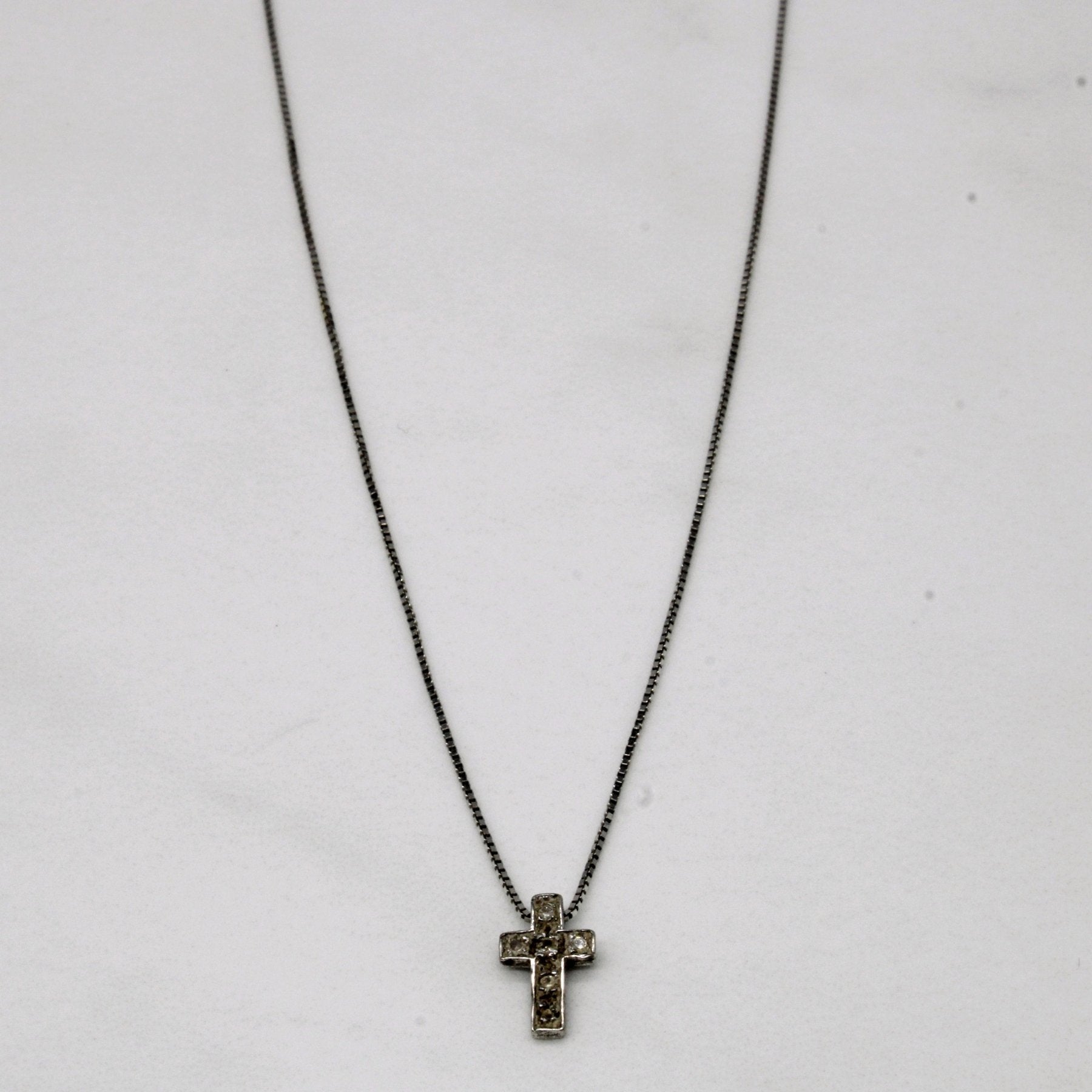 10k White Gold and Diamond Cross Pendant & Box Chain Necklace | 18" | 0.08ctw - 100 Ways