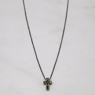 10k White Gold and Diamond Cross Pendant & Box Chain Necklace | 18