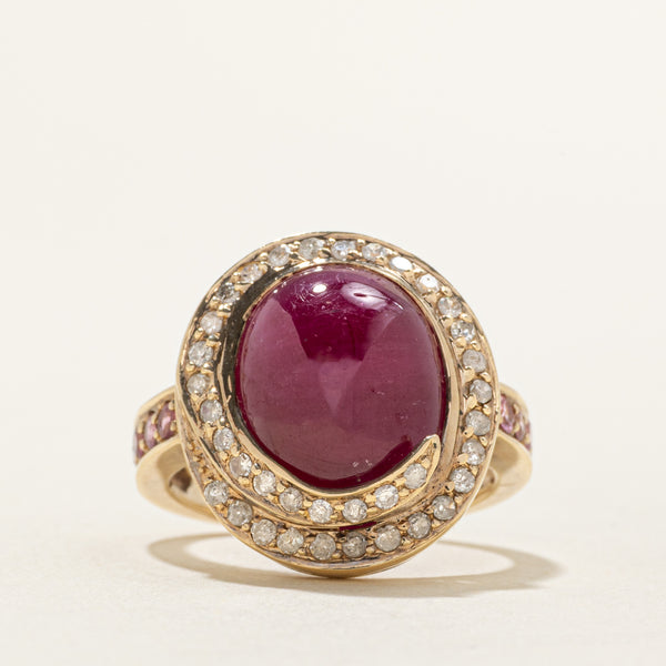 Cabochon Cut Ruby & Diamond Ring | 0.25ctw, 11.00ct | SZ 7 |