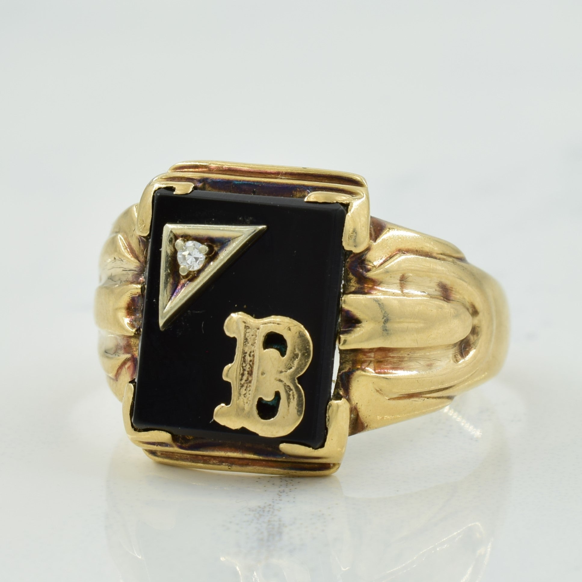 'B' Initial Black Onyx & Diamond Ring | 3.50ct, 0.01ct | SZ 9.5 |