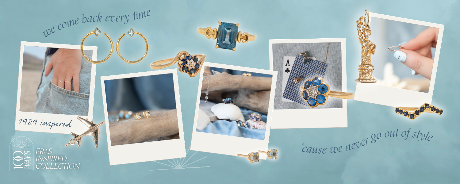 Nautical, coastal inspired jewelry collection with beach themed sets decorated with driftwood, sand, and shells. Features blue sapphire, topaz jewelry and unique charms like the new york statue and airplanes. Text reads: 100 Ways Eras Inspired Collection. 1989 Inspired. We come back every time, cause we never go out of style.