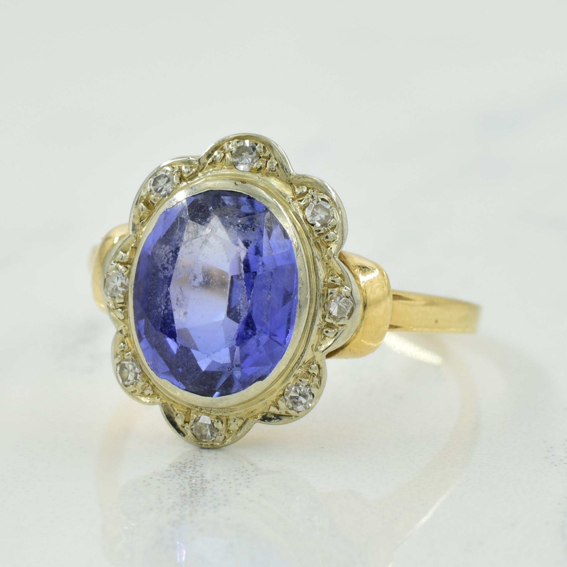 Synthetic Sapphire & Diamond Halo Cocktail Ring | 3.40ct, 0.08ctw | SZ 8 |