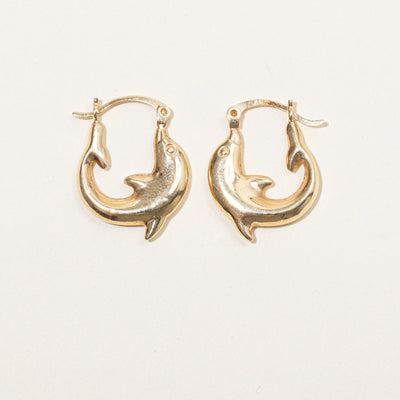 14k Yellow Gold Dolphin Hoop Earrings