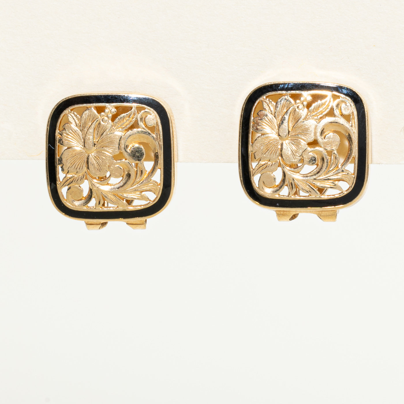 14k Yellow Gold & Black Enamel Floral Earrings