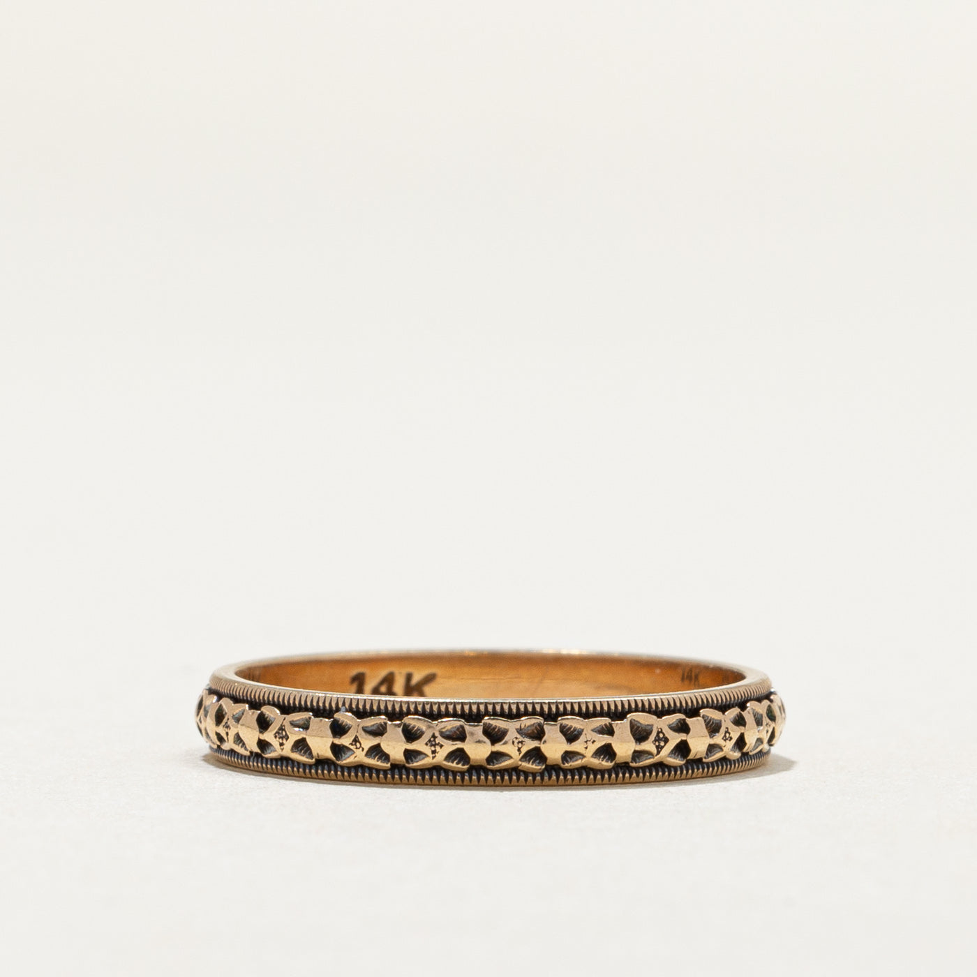 Bague vintage en or jaune 14 carats à bordure perlée texturée | 2,8 mm | Taille 6,5