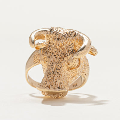 Vintage 10K Yellow Gold High Set Textured Bull Head Ring | SZ 6.5