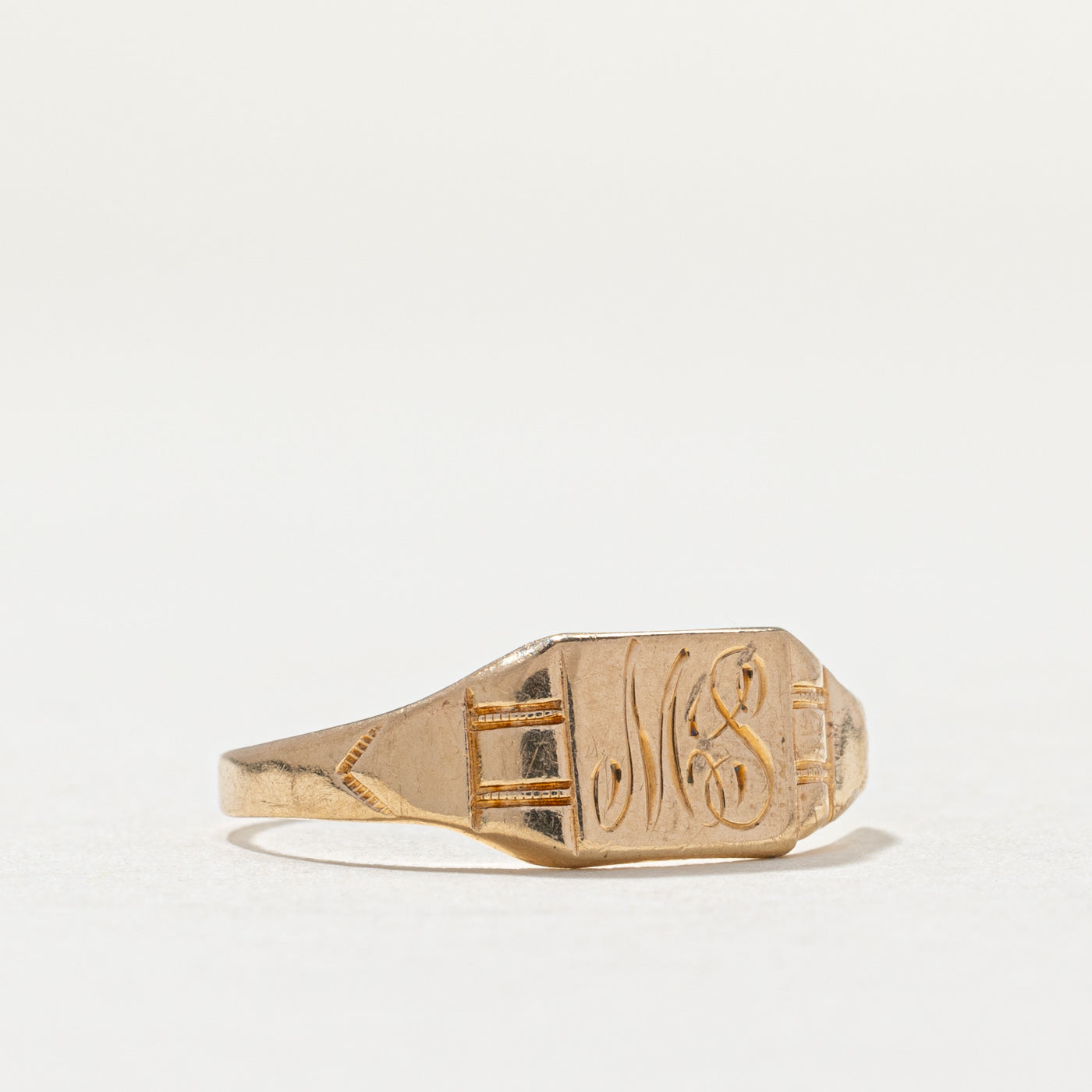 Bague chevalière vintage en or jaune 10 carats avec initiale « MS » | Taille 6,25