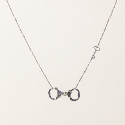 14K White Gold Hand Cuffs & Key Pendant Necklace | 16.5