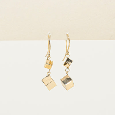 14k Yellow Gold Shiny Cube Drop Earrings