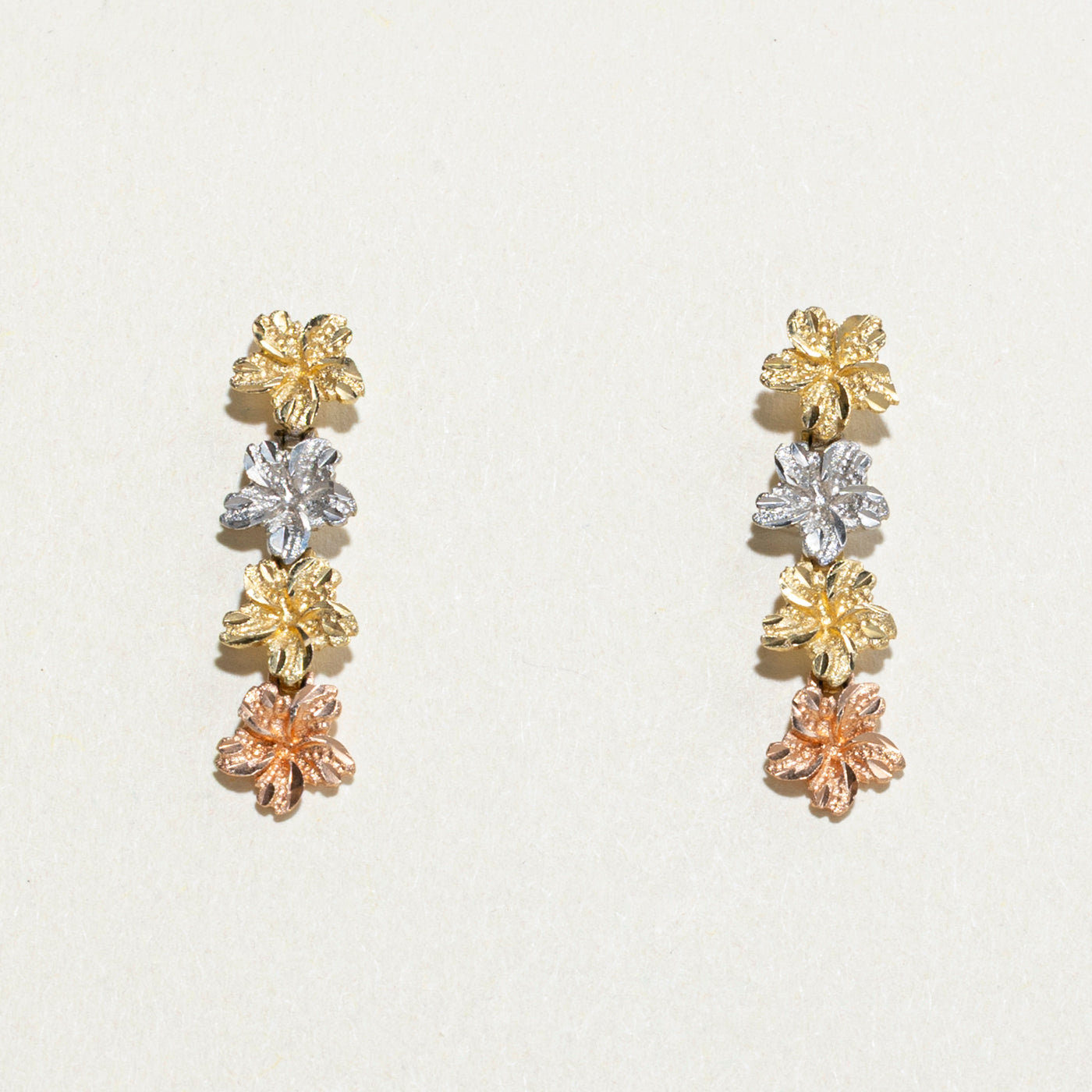 14k Tri Tone Gold Floral Drop Earrings