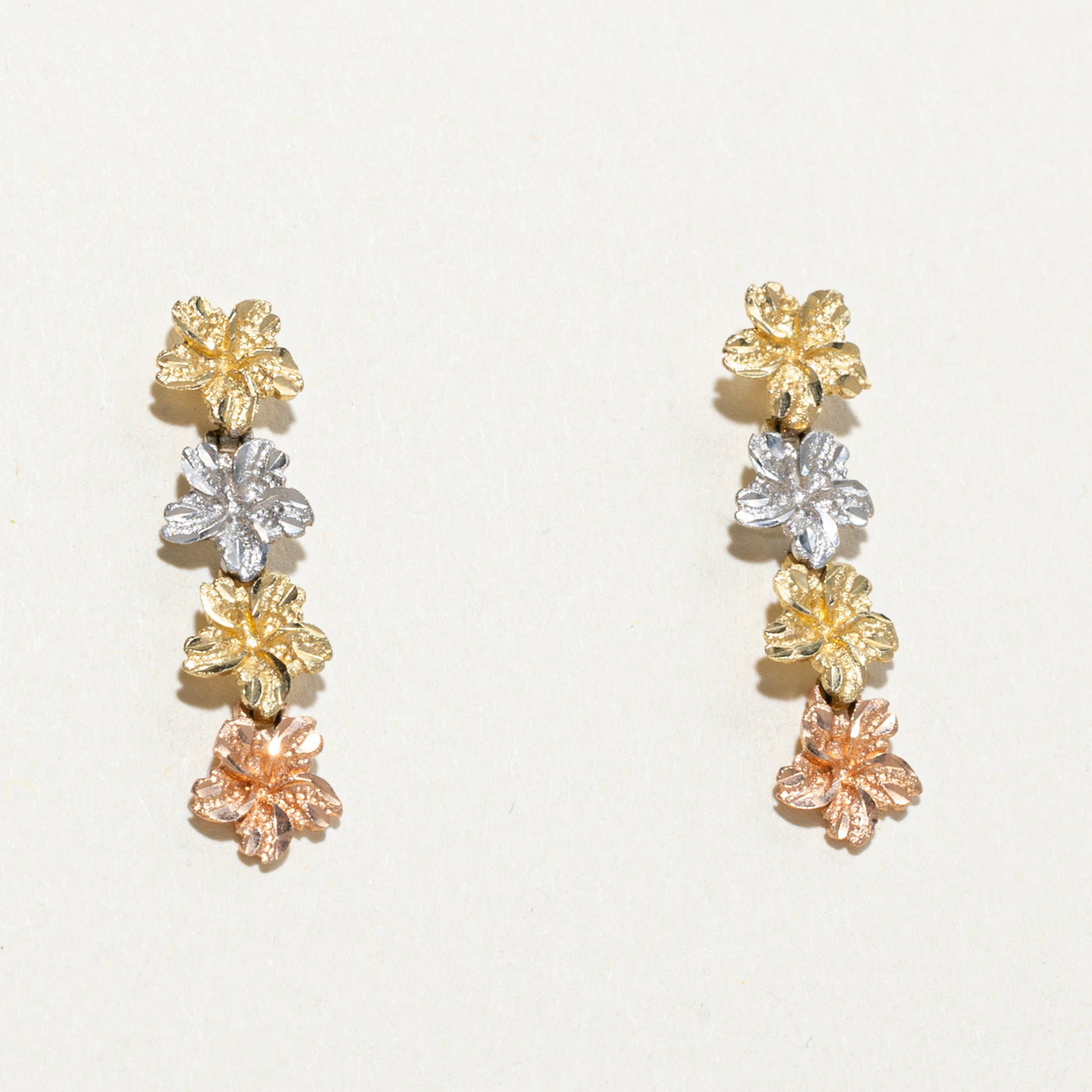 14k Tri Tone Gold Floral Drop Earrings