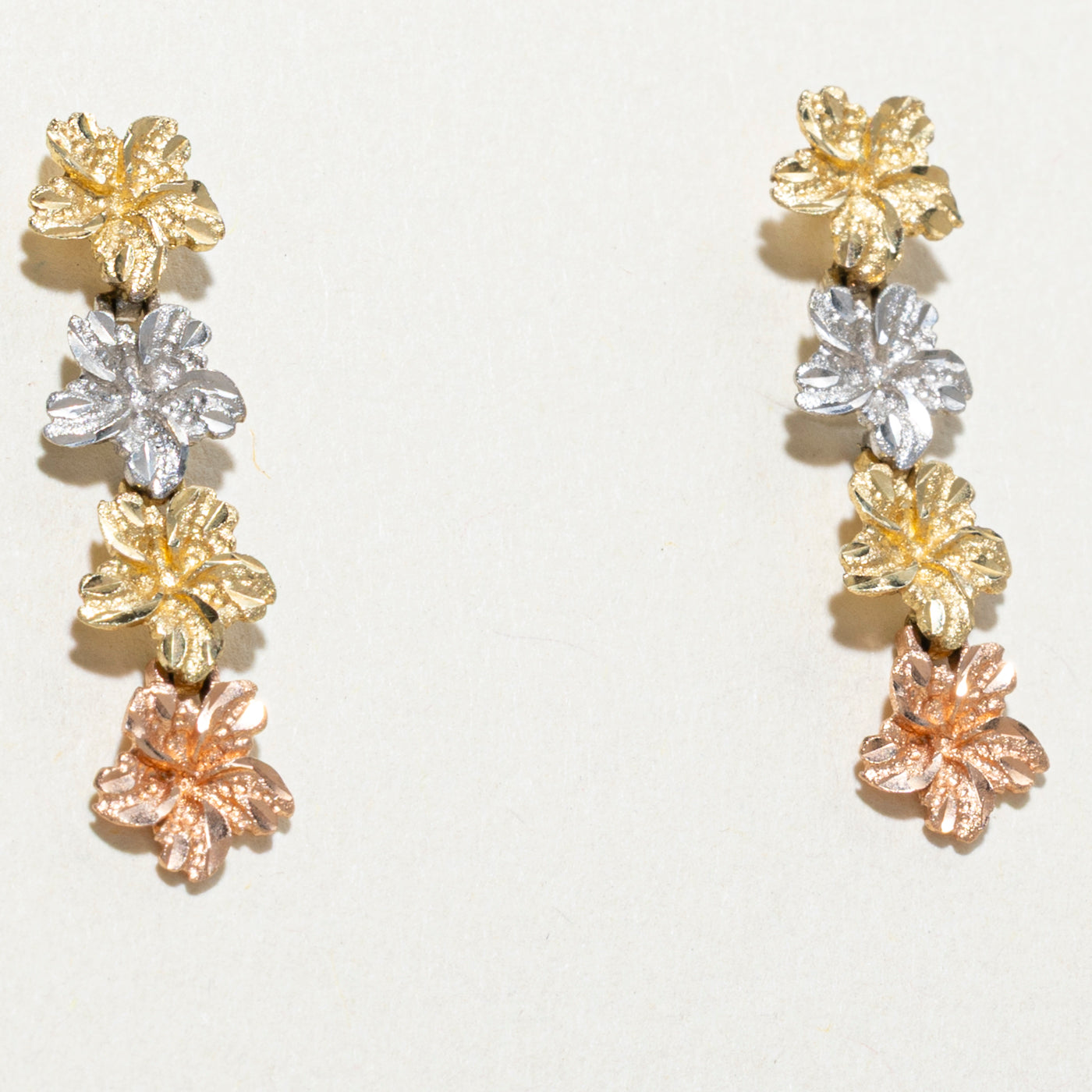 14k Tri Tone Gold Floral Drop Earrings