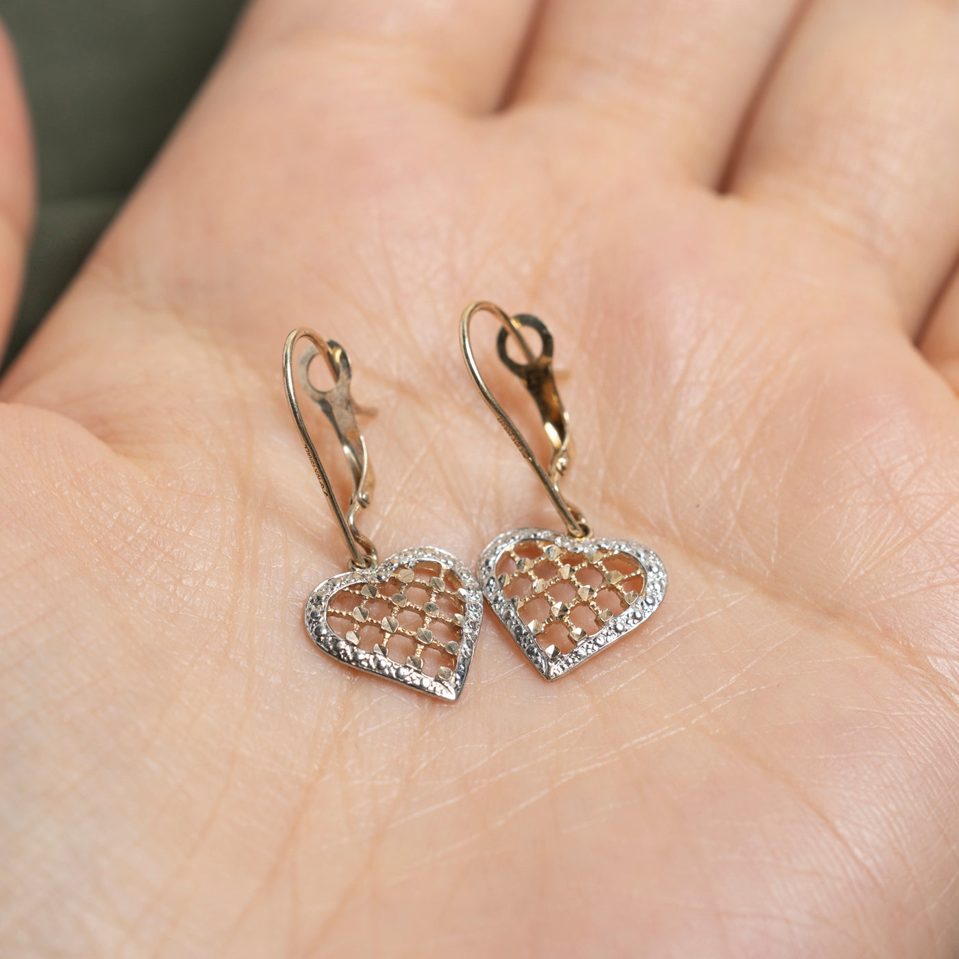 10k Two Tone Gold Textured Heart Drop Earrings