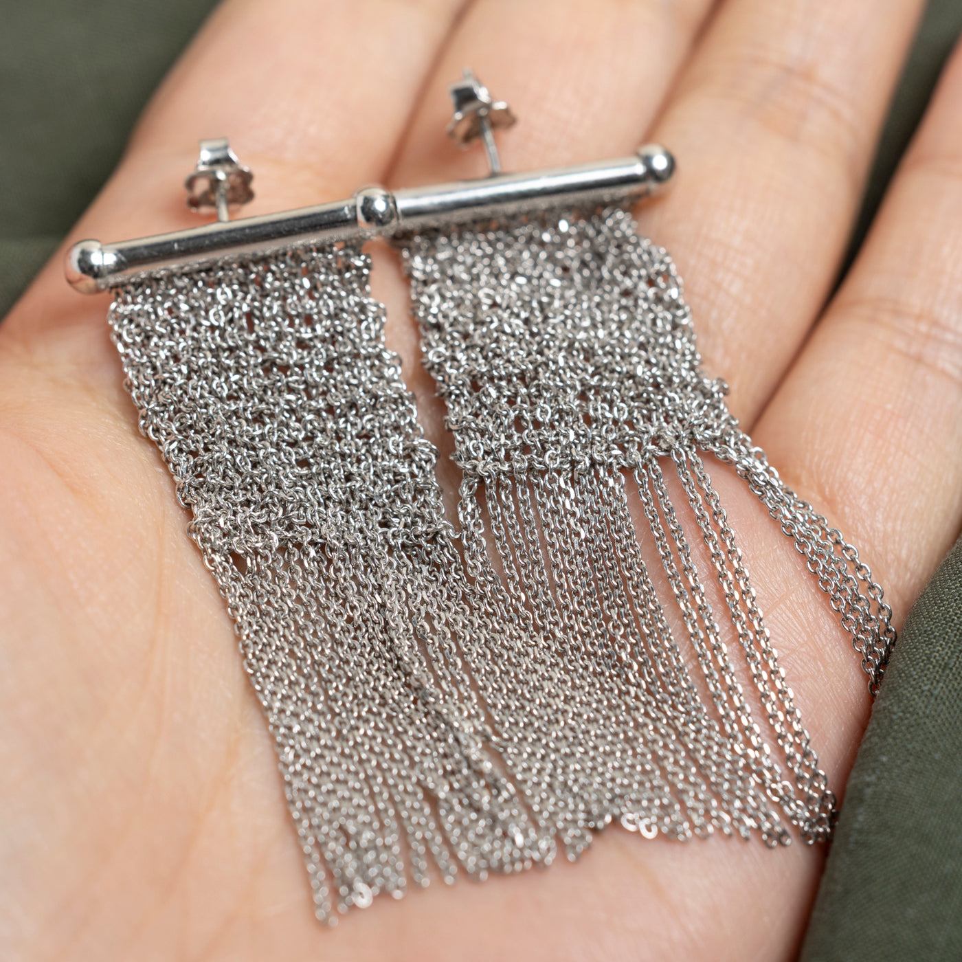 Sterling Silver Mesh Chain Tassle Earrings